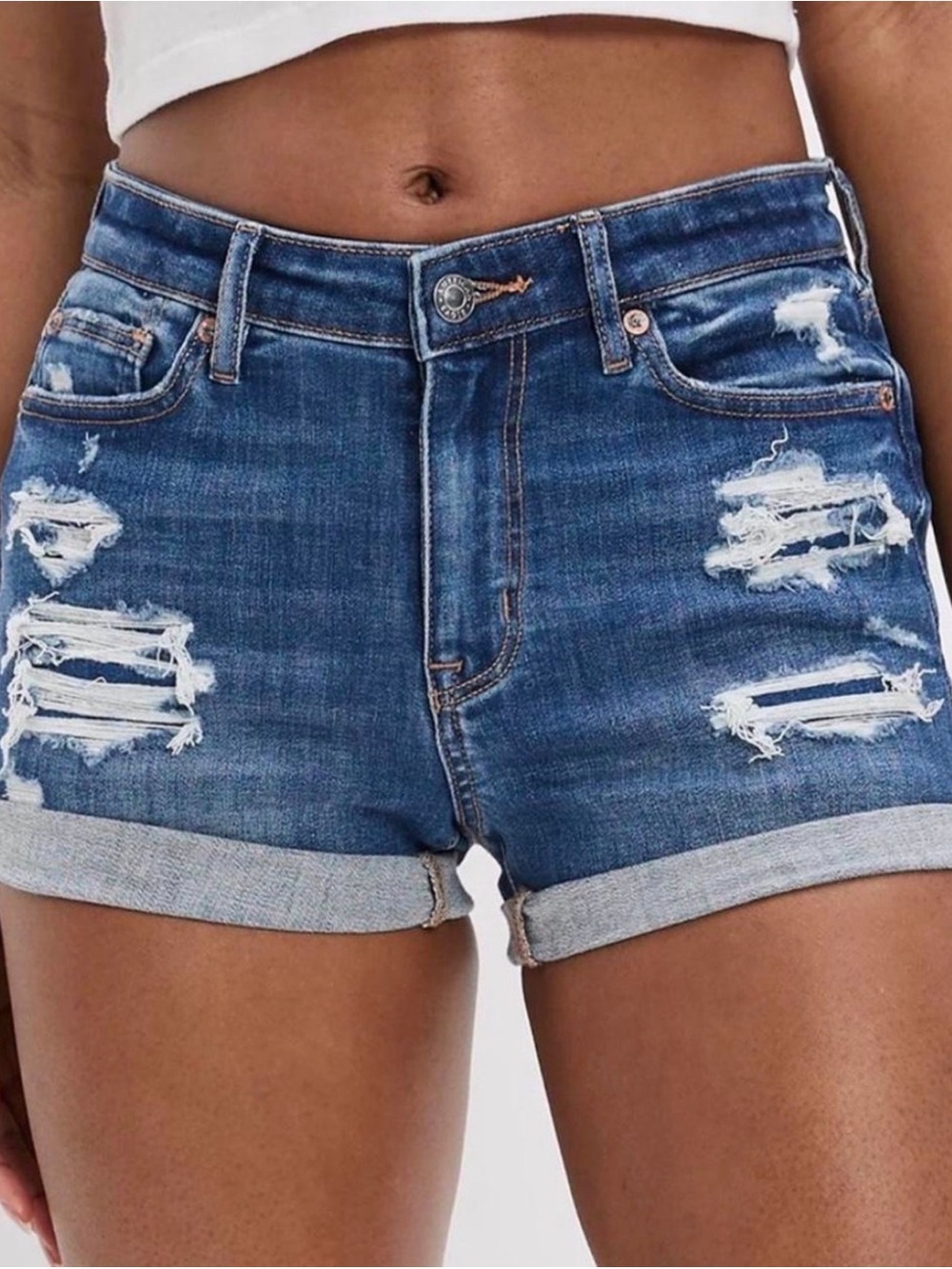 American Eagle Curvy Hi-Rise Shortie Distressed Denim Shorts 4
